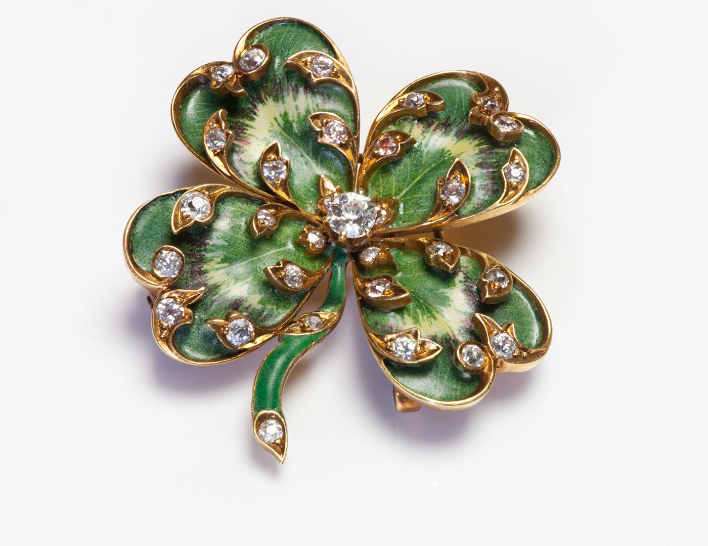 Antique Gold Enamel Diamond Clover Brooch