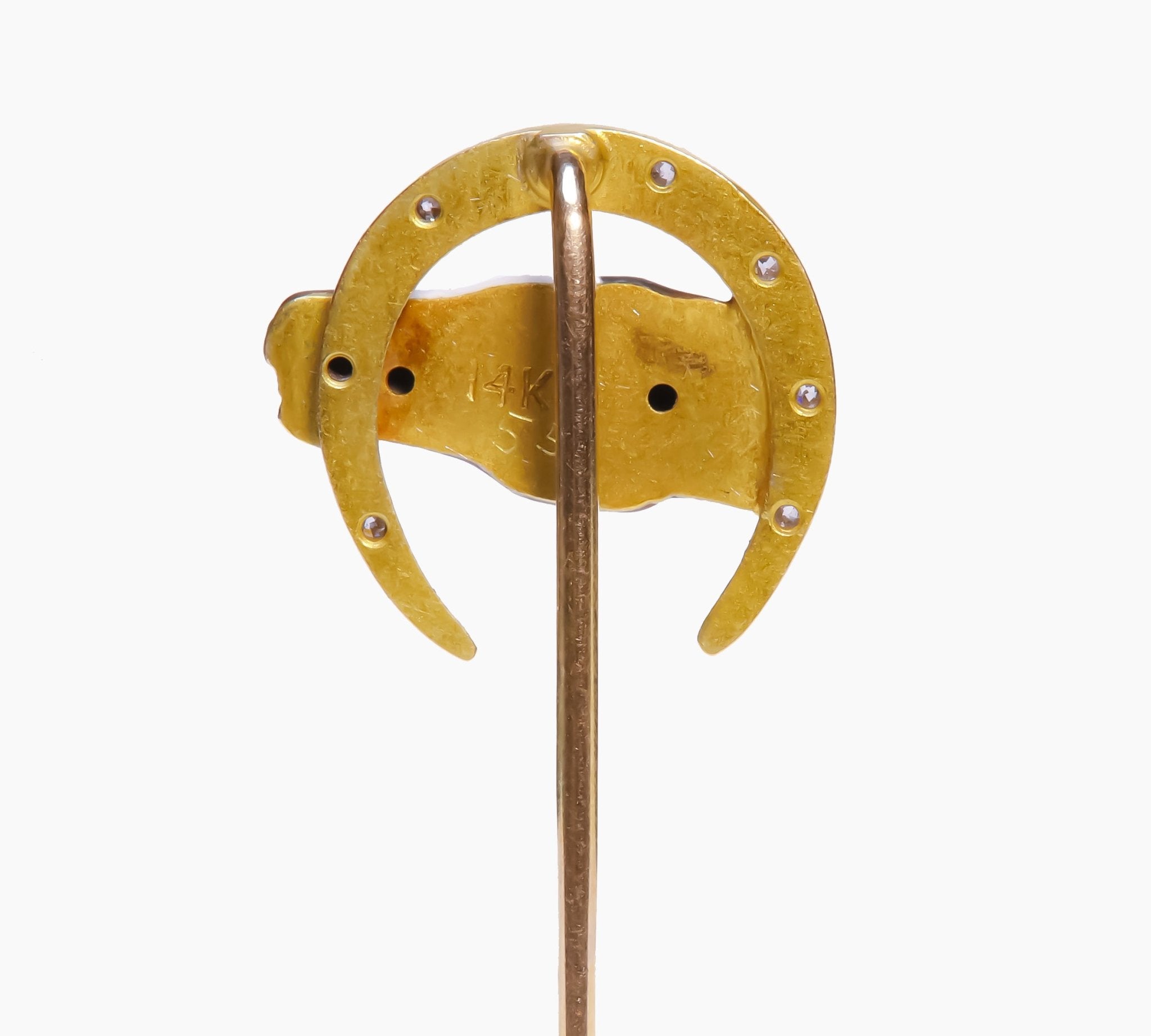 Antique Gold Enamel Diamond Ruby Horseshoe Horse Stick Pin