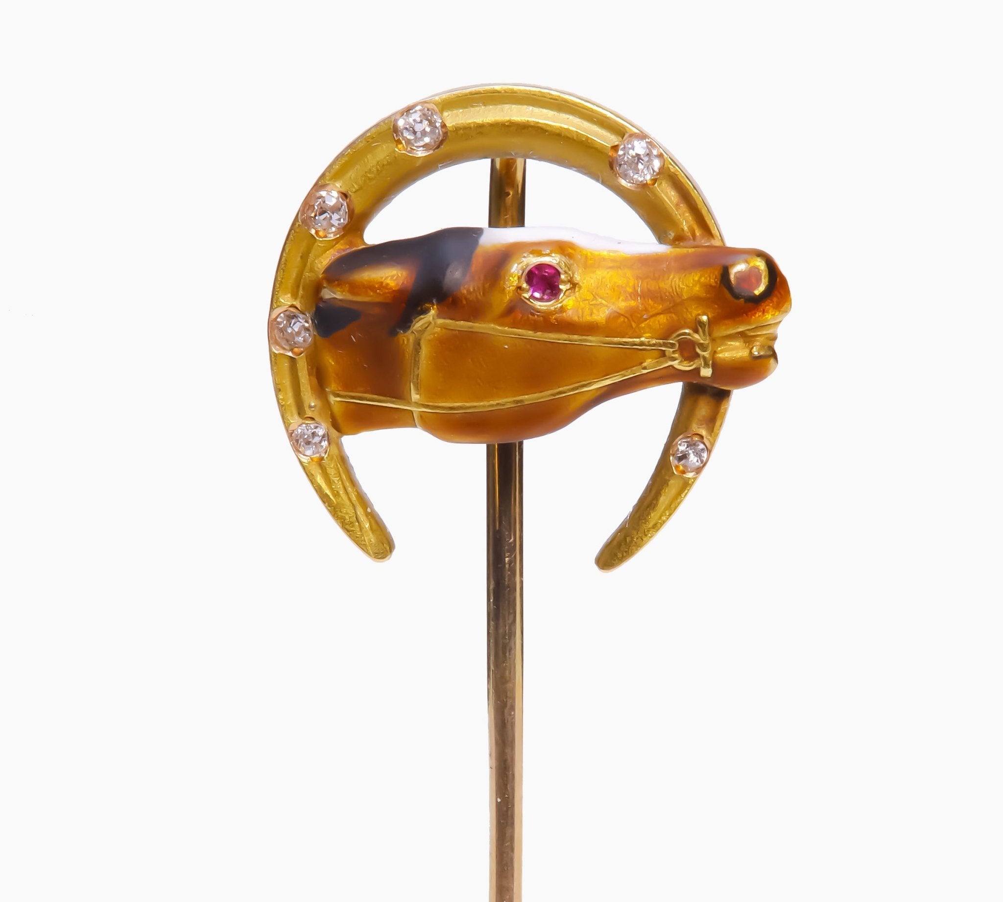 Antique Gold Enamel Diamond Ruby Horseshoe Horse Stick Pin