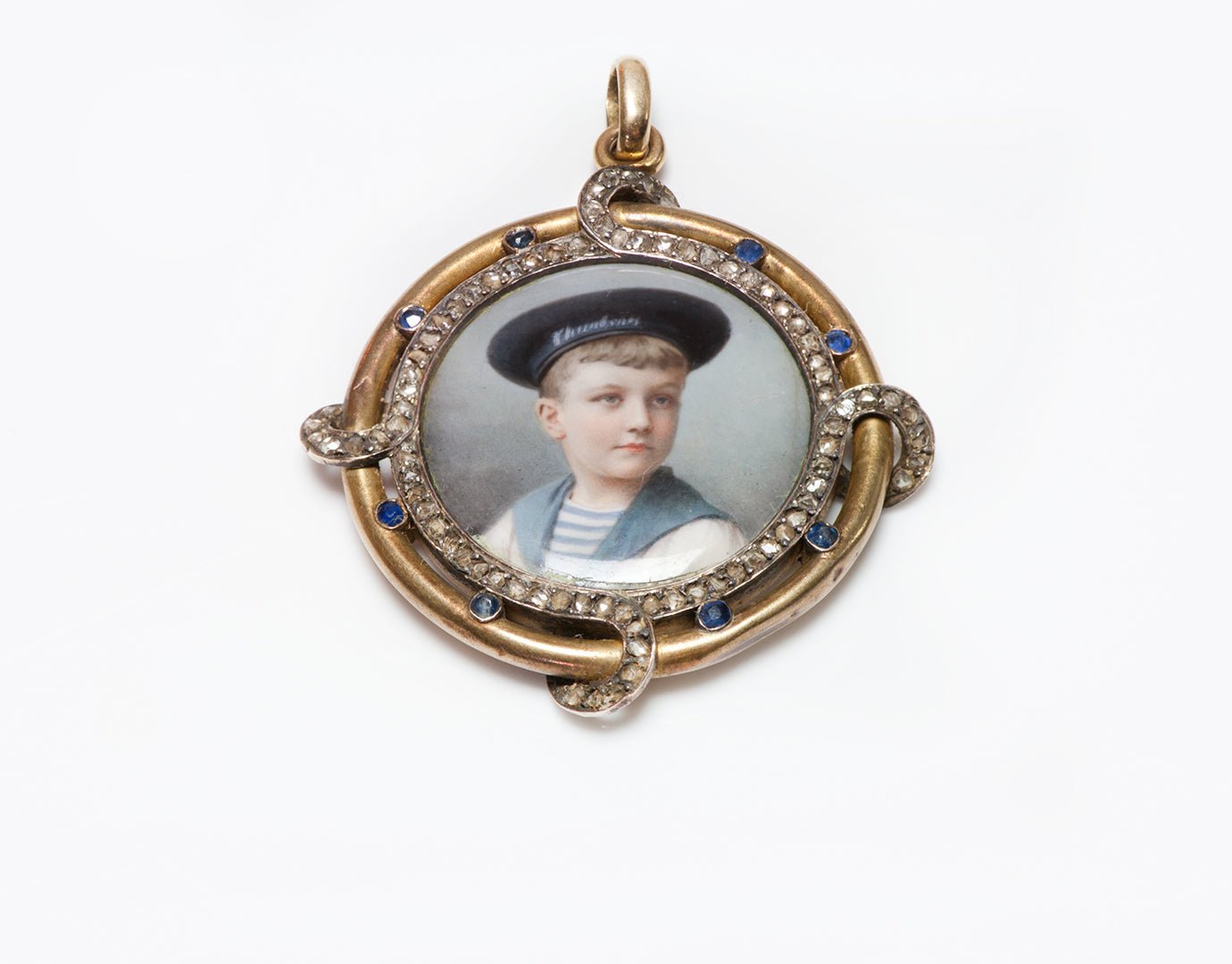 Antique Gold Enamel Diamond Sapphire Pendant