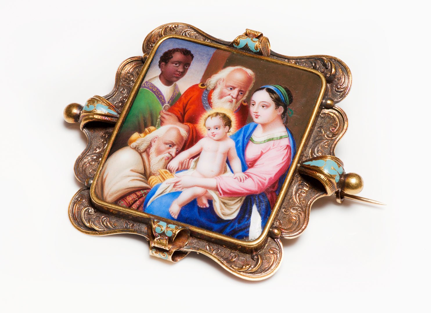 Antique Gold Enamel Painting Brooch
