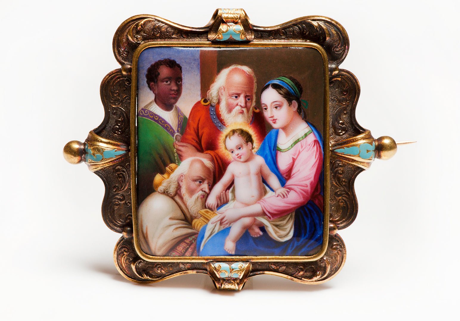 Antique Gold Enamel Painting Brooch