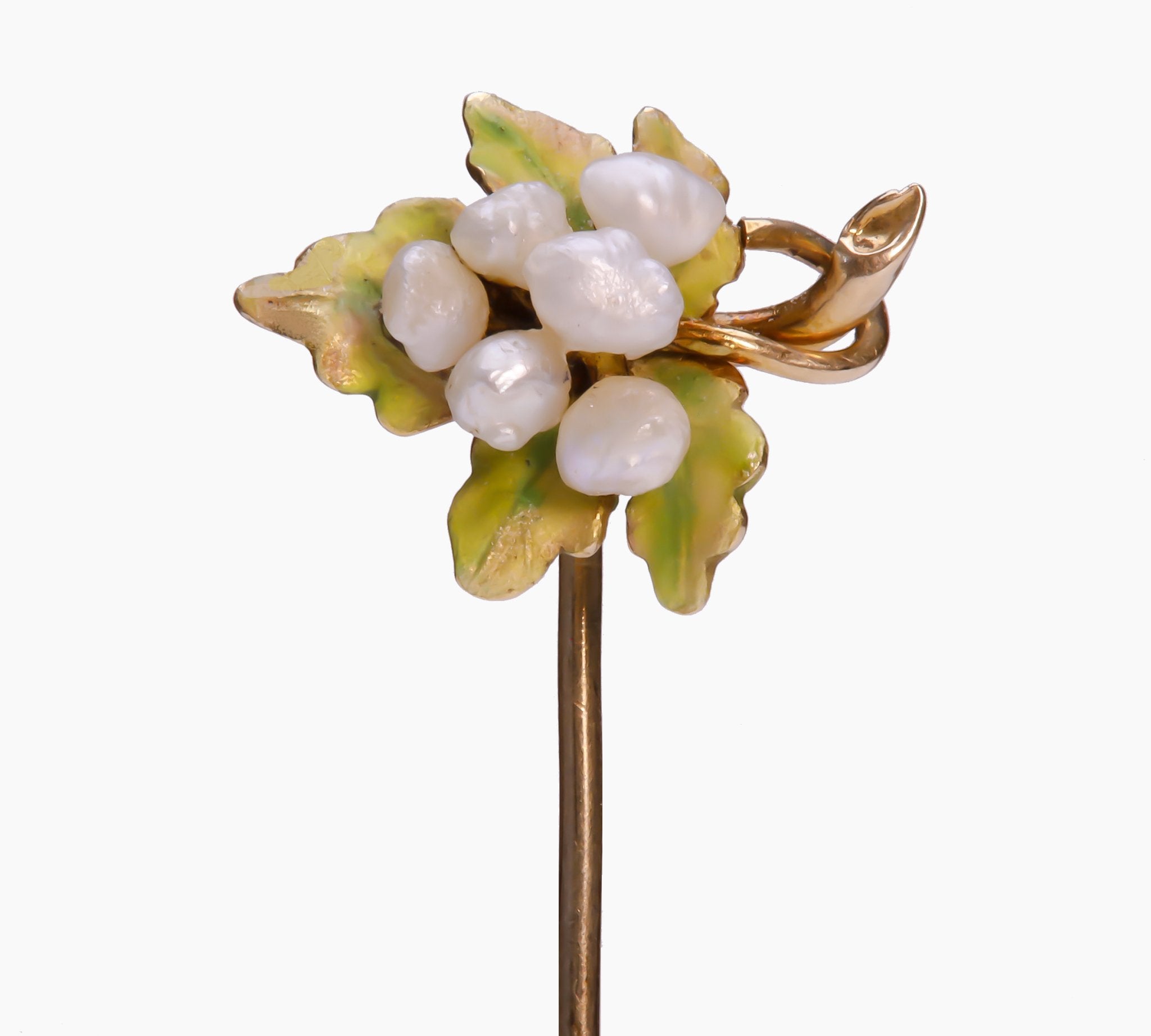 Antique Gold Enamel Pearl Leaf Stick Pin