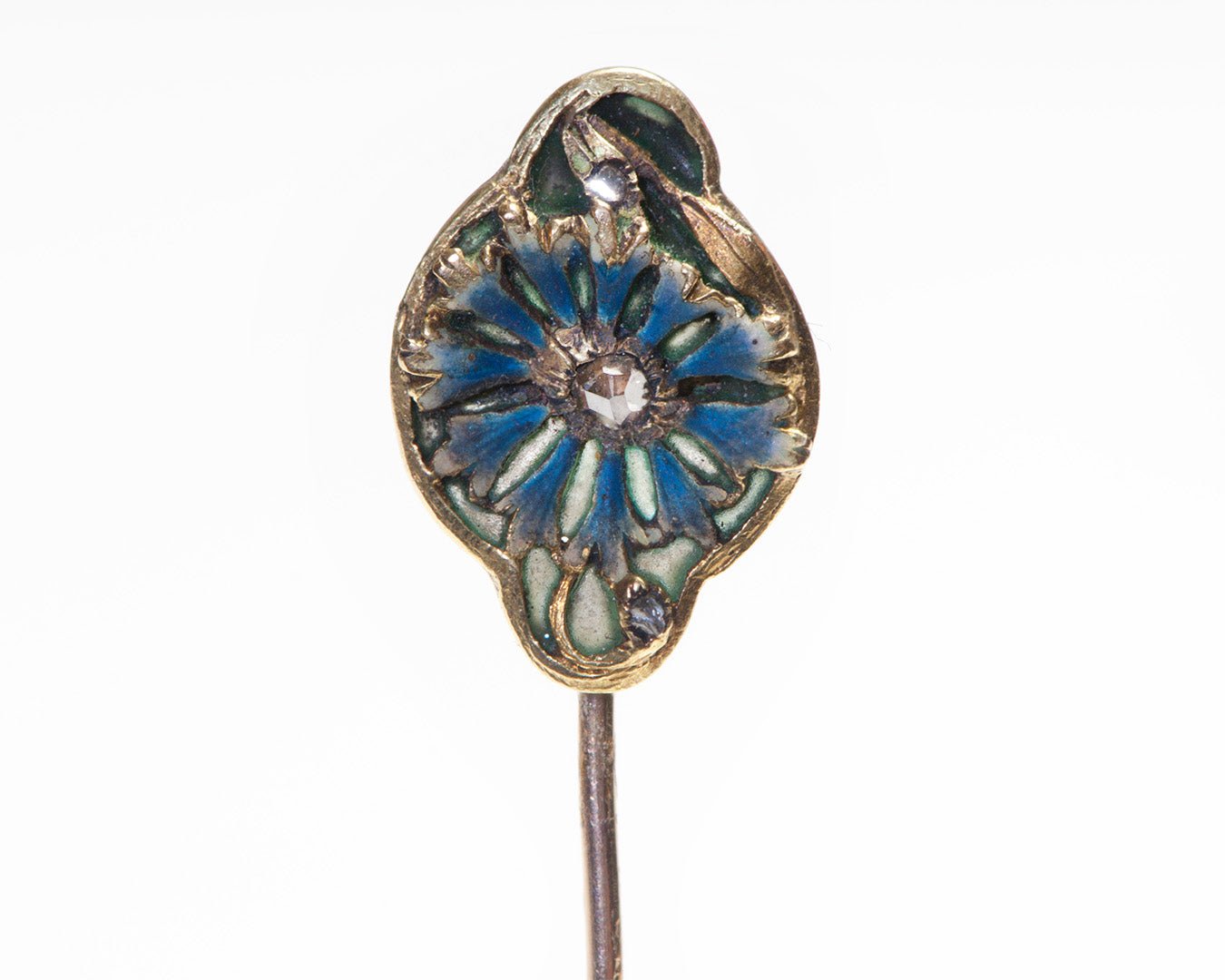 Antique Gold Enamel Plique a Jour Diamond Stick Pin