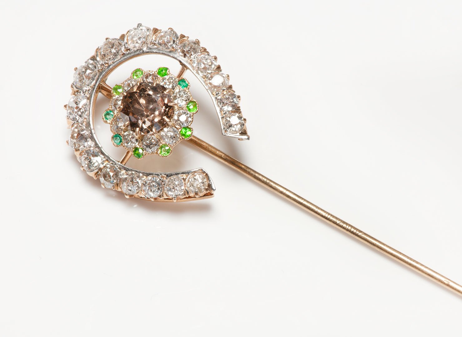 Antique Gold Fancy Brown Diamond & Old Mine Diamond Horseshoe Stick Pin
