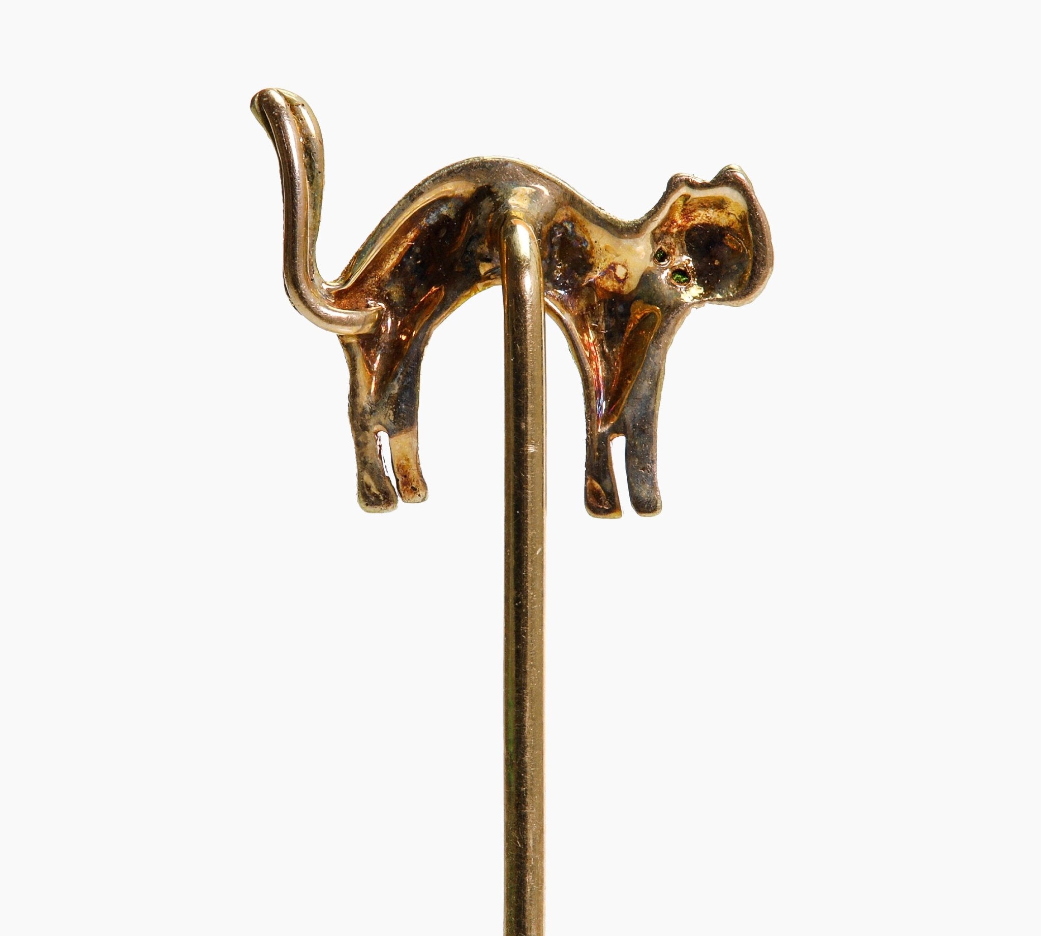 Antique Gold Green Garnet Cat Stick Pin