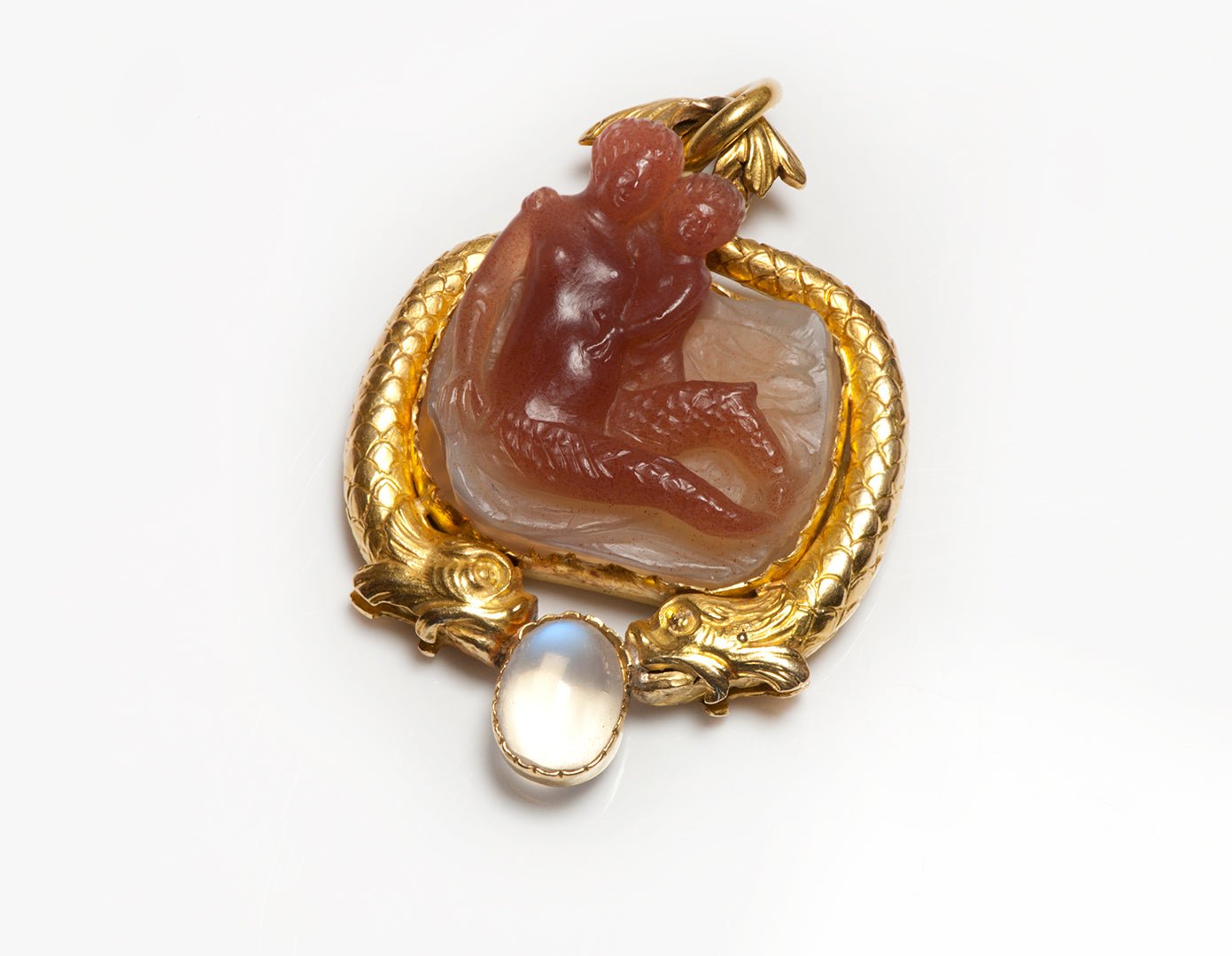 Antique Gold High Relief Carved Agate Mermaid Cameo Figural Griffin Locket Pendant