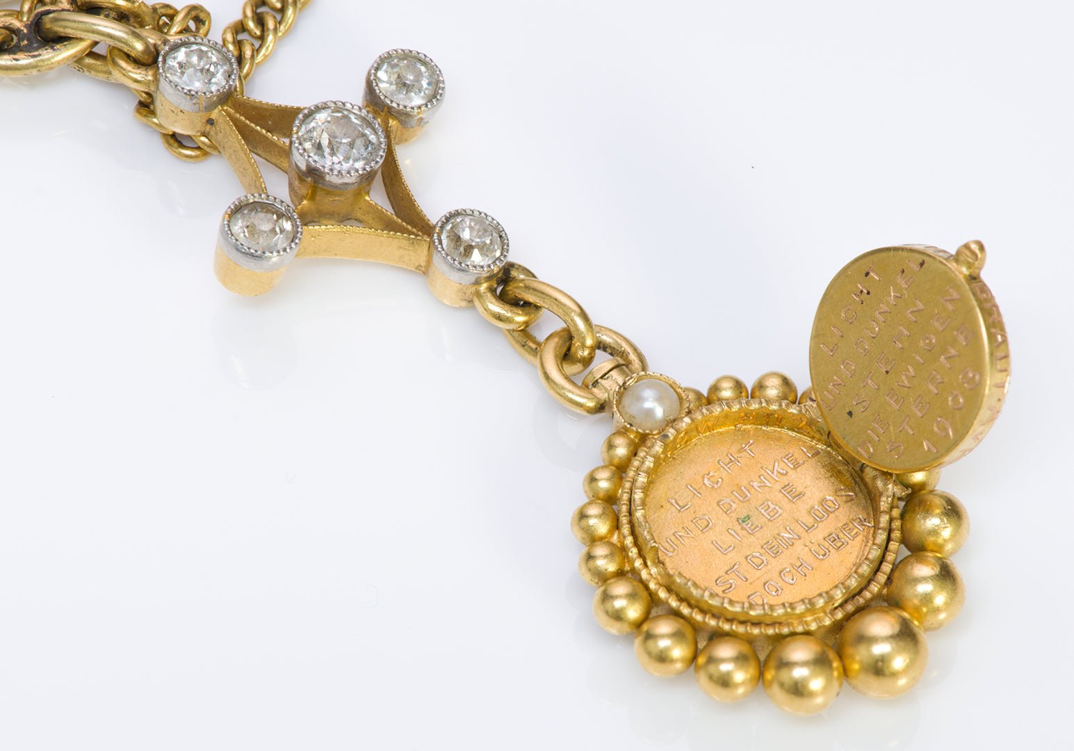 Antique Gold Natural Pearl Garnet Diamond Necklace Locket