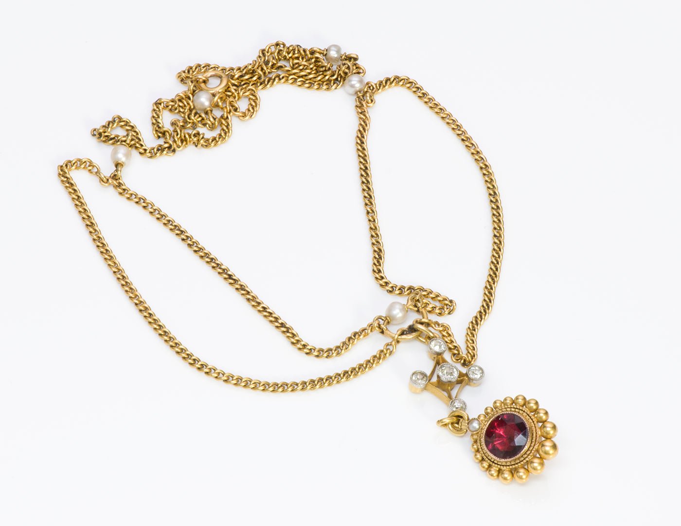 Antique Gold Natural Pearl Garnet Diamond Necklace Locket