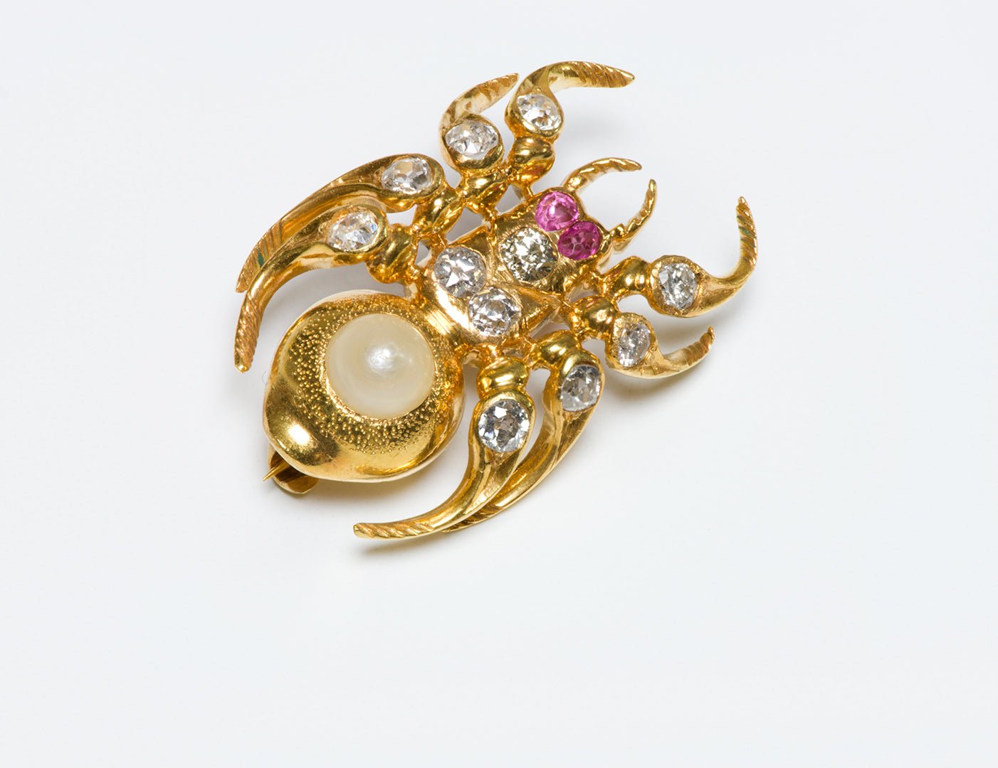 Antique Gold Natural Pearl Ruby Diamond Spider Brooch