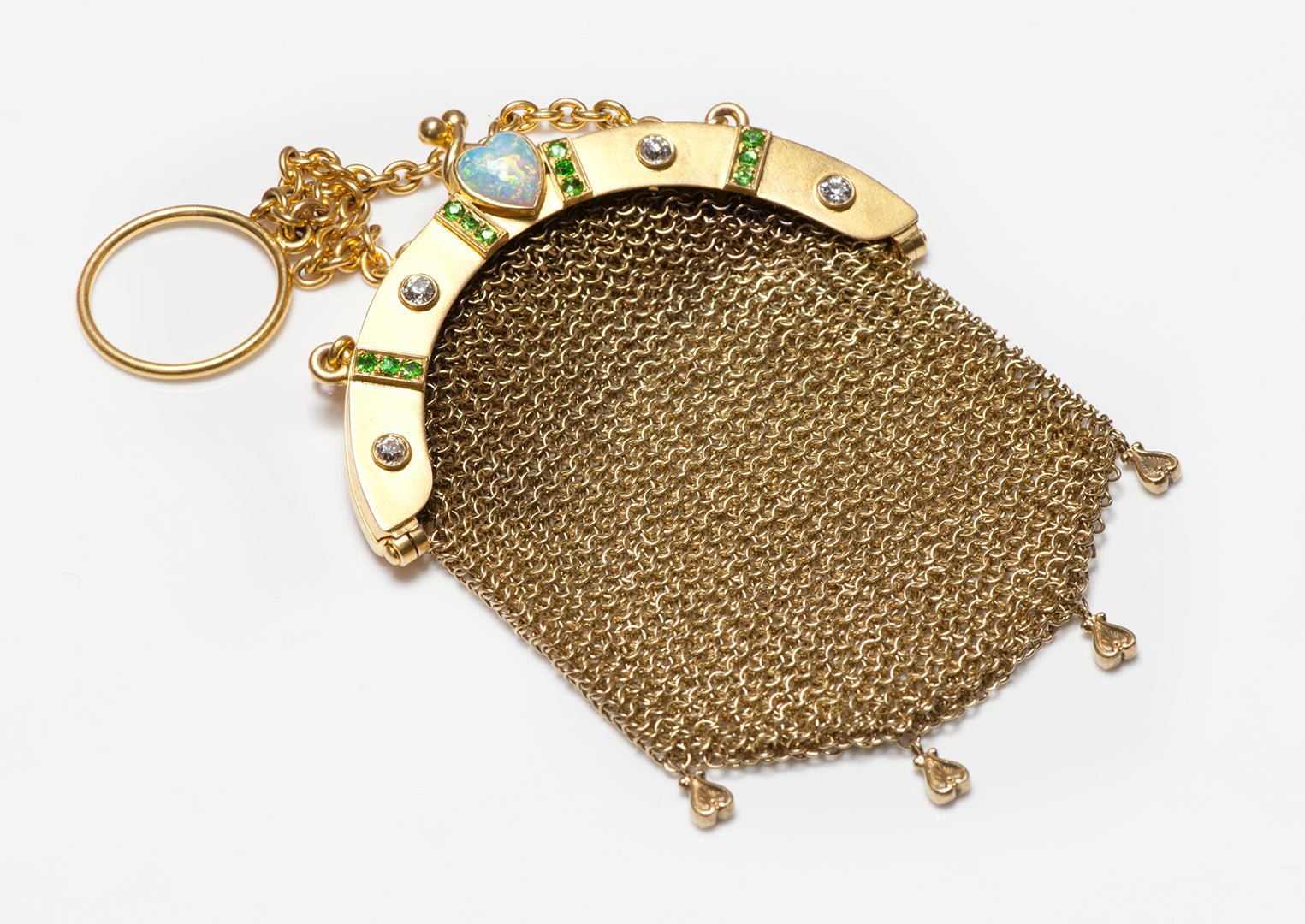 Antique Gold Opal Diamond & Demantoid Miniature Mesh Purse & Chain
