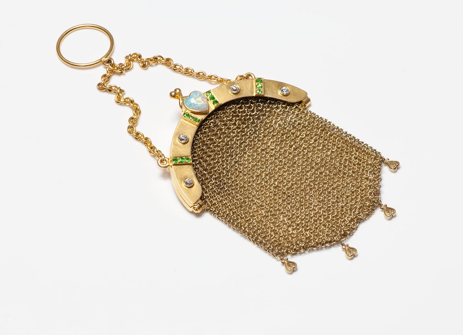 Antique Gold Opal Diamond & Demantoid Miniature Mesh Purse & Chain