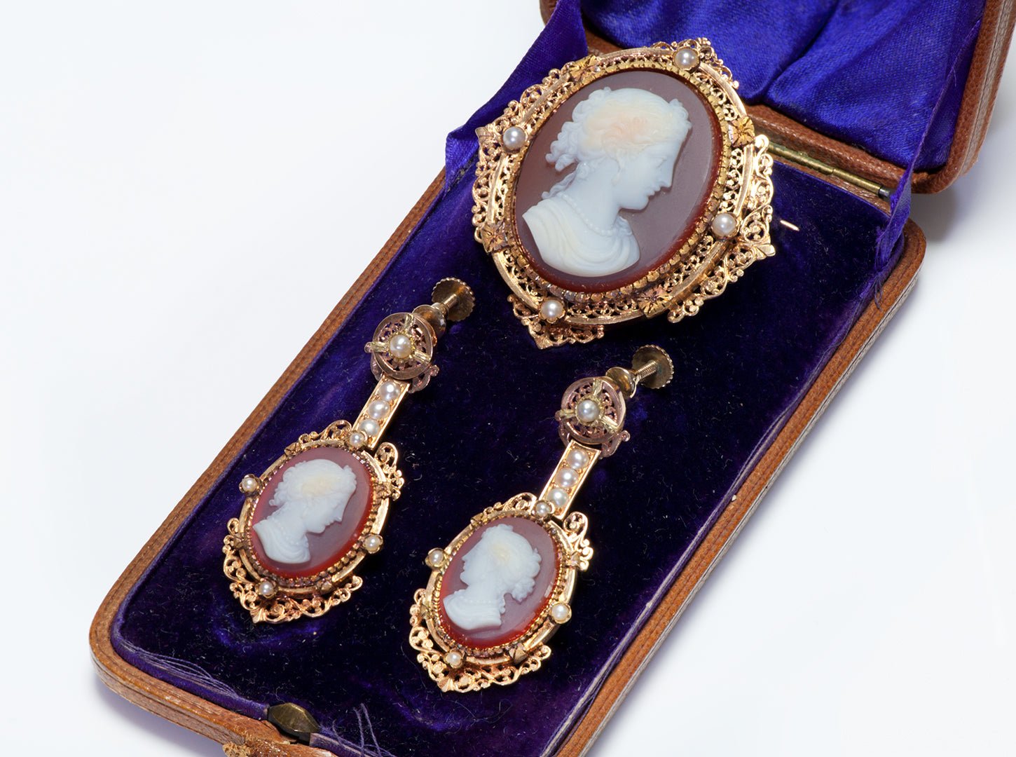 Antique Gold Pearl Cameo Earrings & Brooch