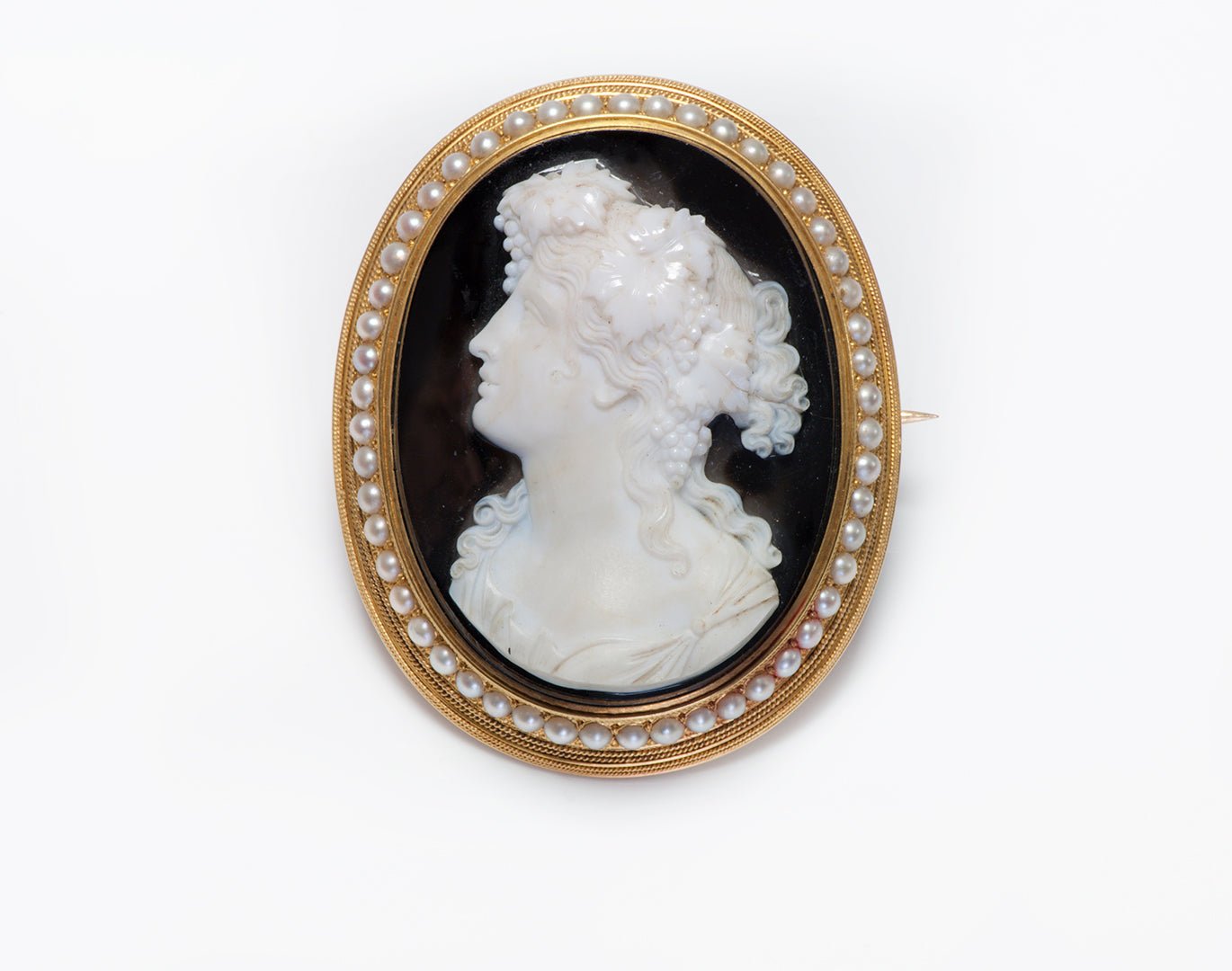 Antique Gold Pearl Onyx Cameo Brooch