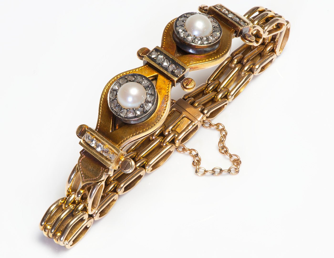 Antique Gold Pearl Rose Cut Diamond Bracelet