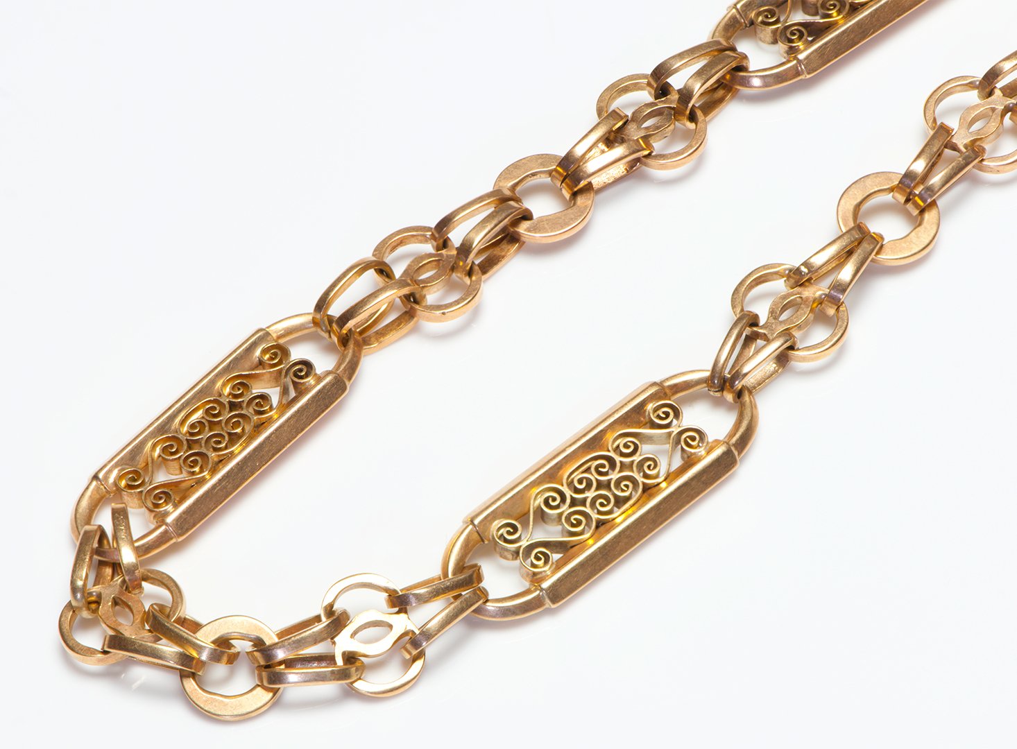 Antique Gold Pierced Panels Watch Chain Necklace