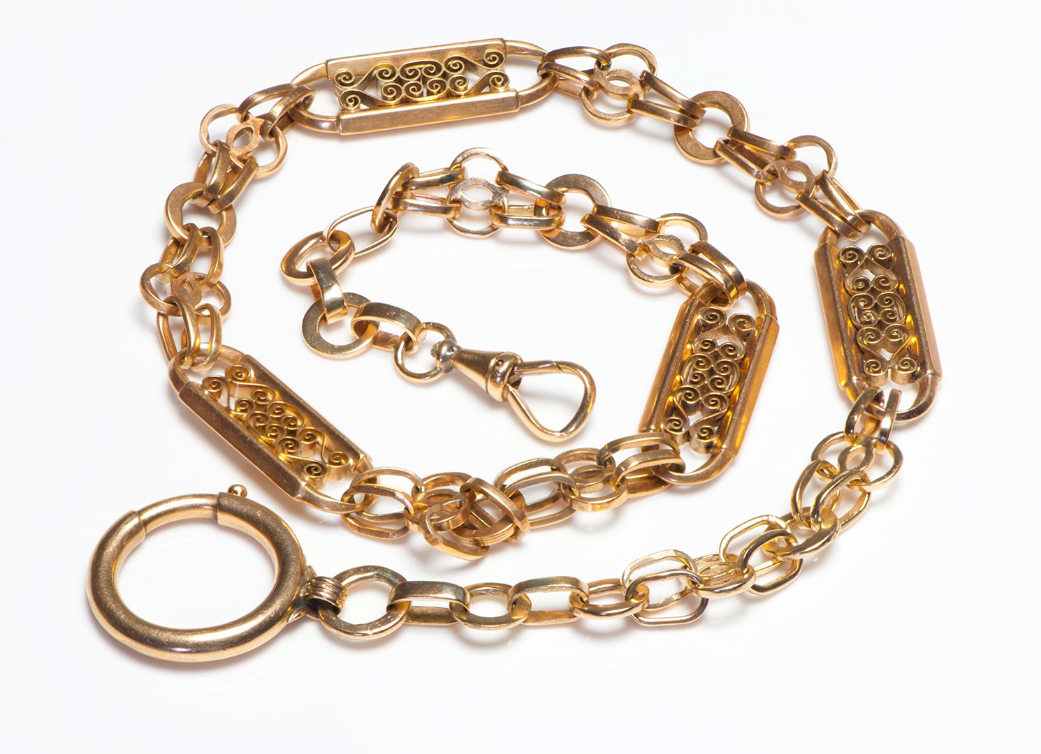 Antique Gold Pierced Panels Watch Chain Necklace