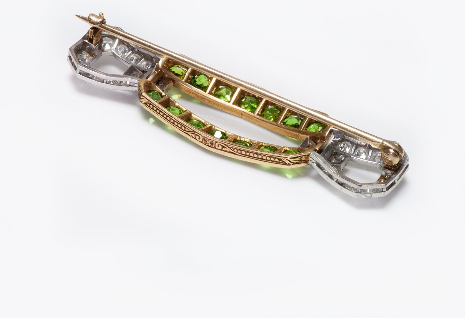 Antique Gold Platinum Demantoid & Diamond Brooch