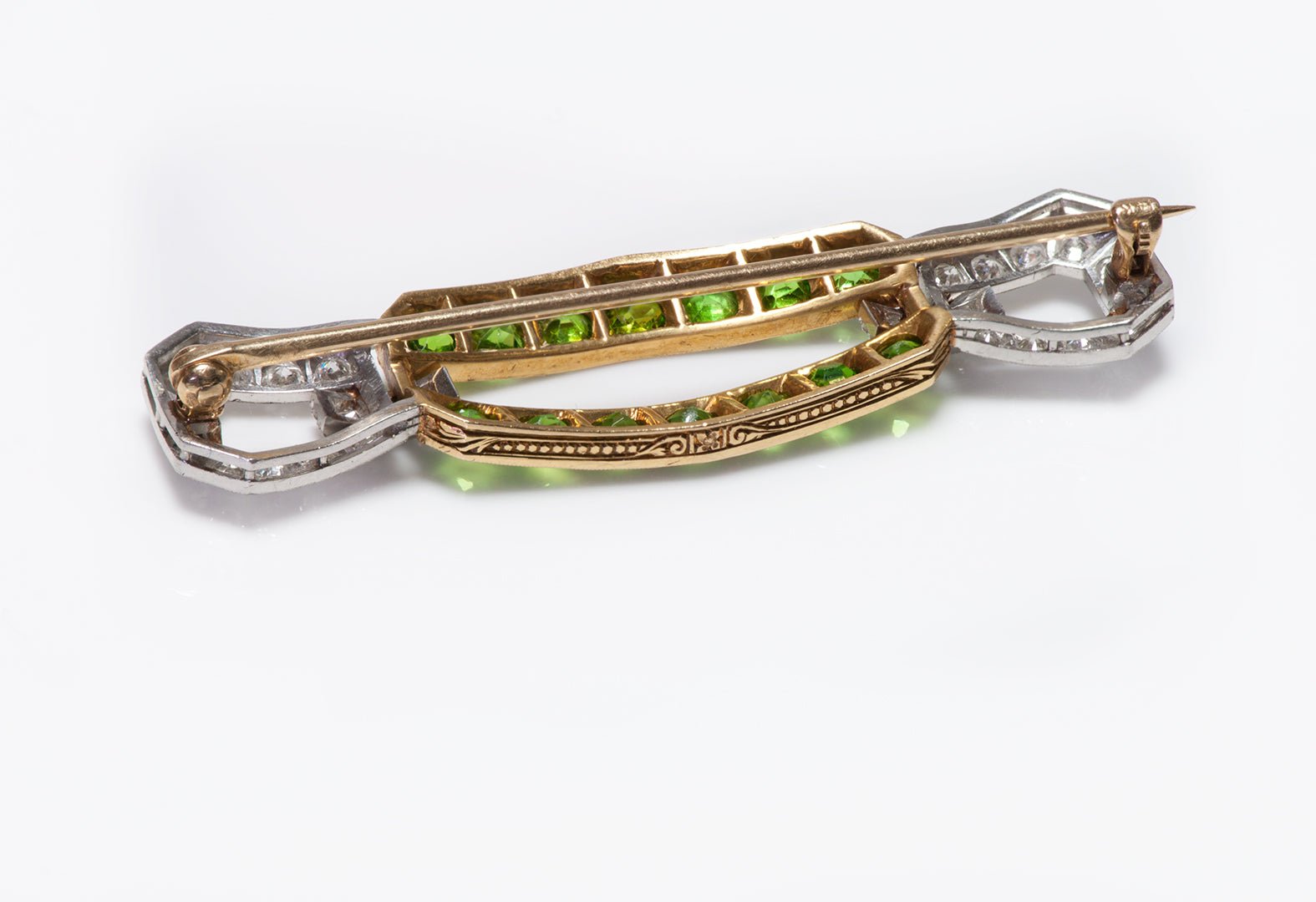 Antique Gold Platinum Demantoid & Diamond Brooch