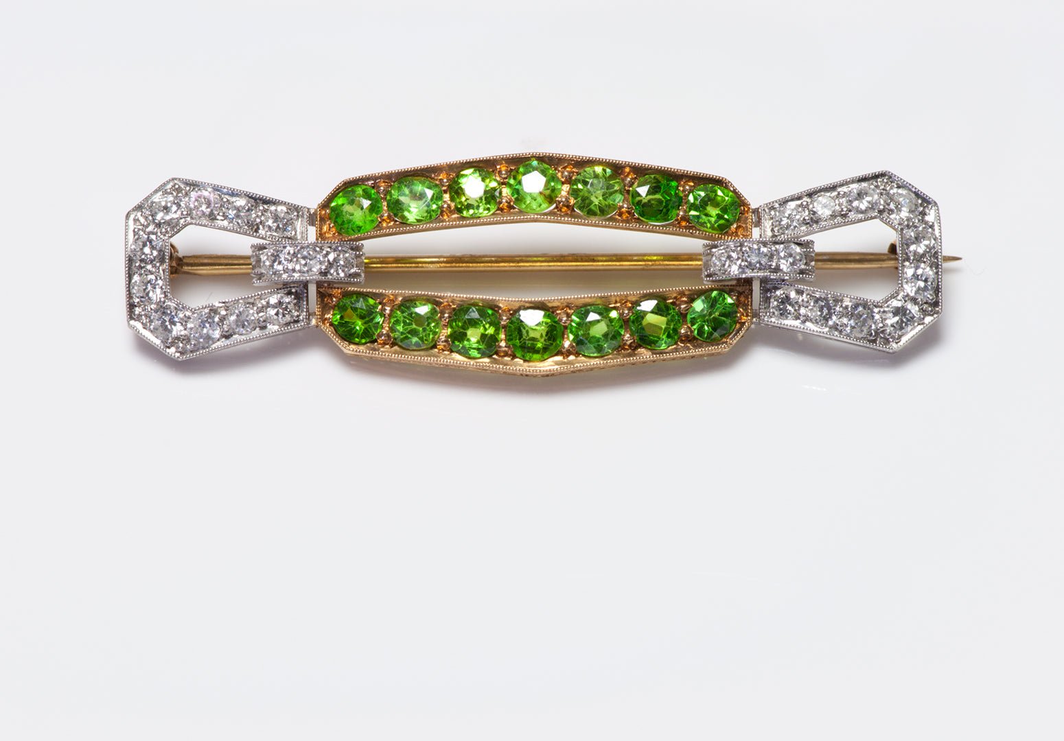 Antique Gold Platinum Demantoid & Diamond Brooch