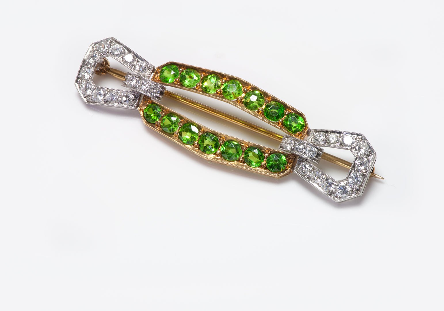 Antique Gold Platinum Demantoid & Diamond Brooch
