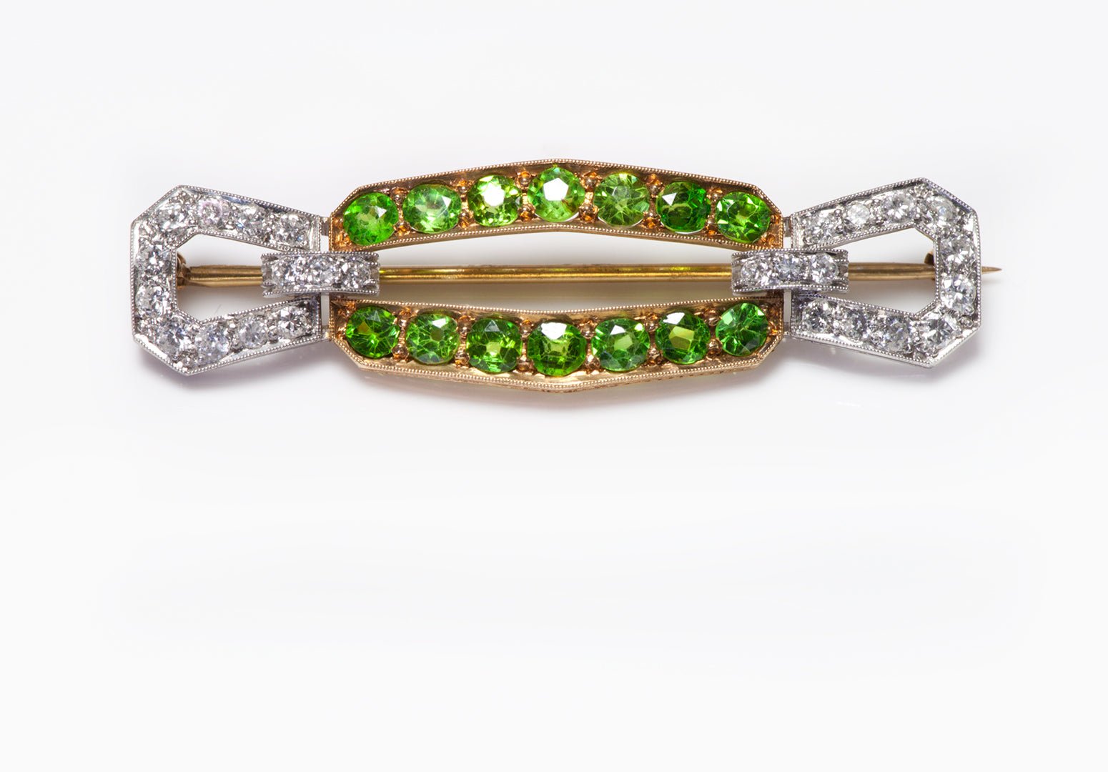 Antique Gold Platinum Demantoid & Diamond Brooch