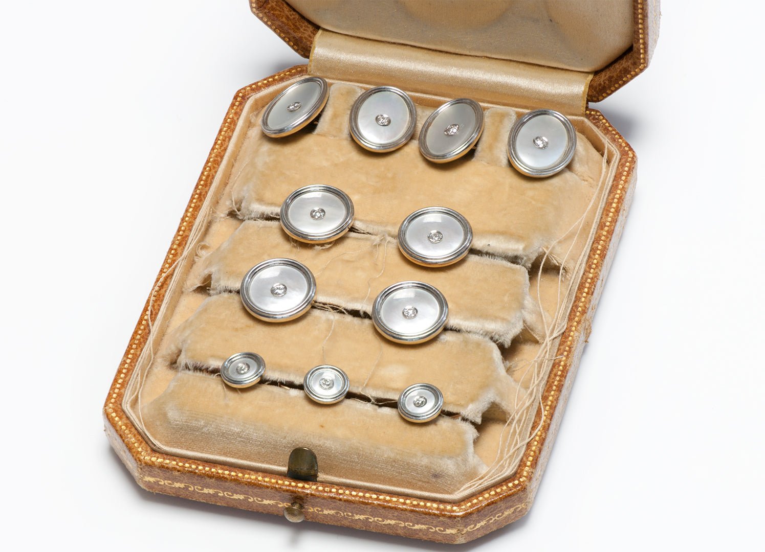 Antique Gold Platinum Mother of Pearl Diamond Cufflink 9 Piece Full Stud Set