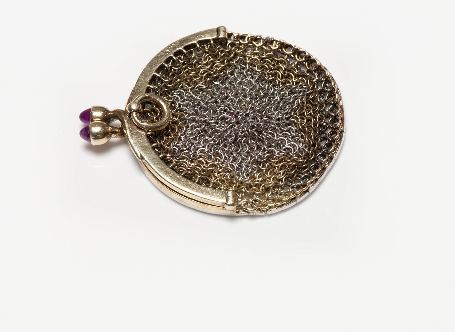 Antique Gold Platinum Rose Cut Diamond & Ruby Miniature Mesh Purse