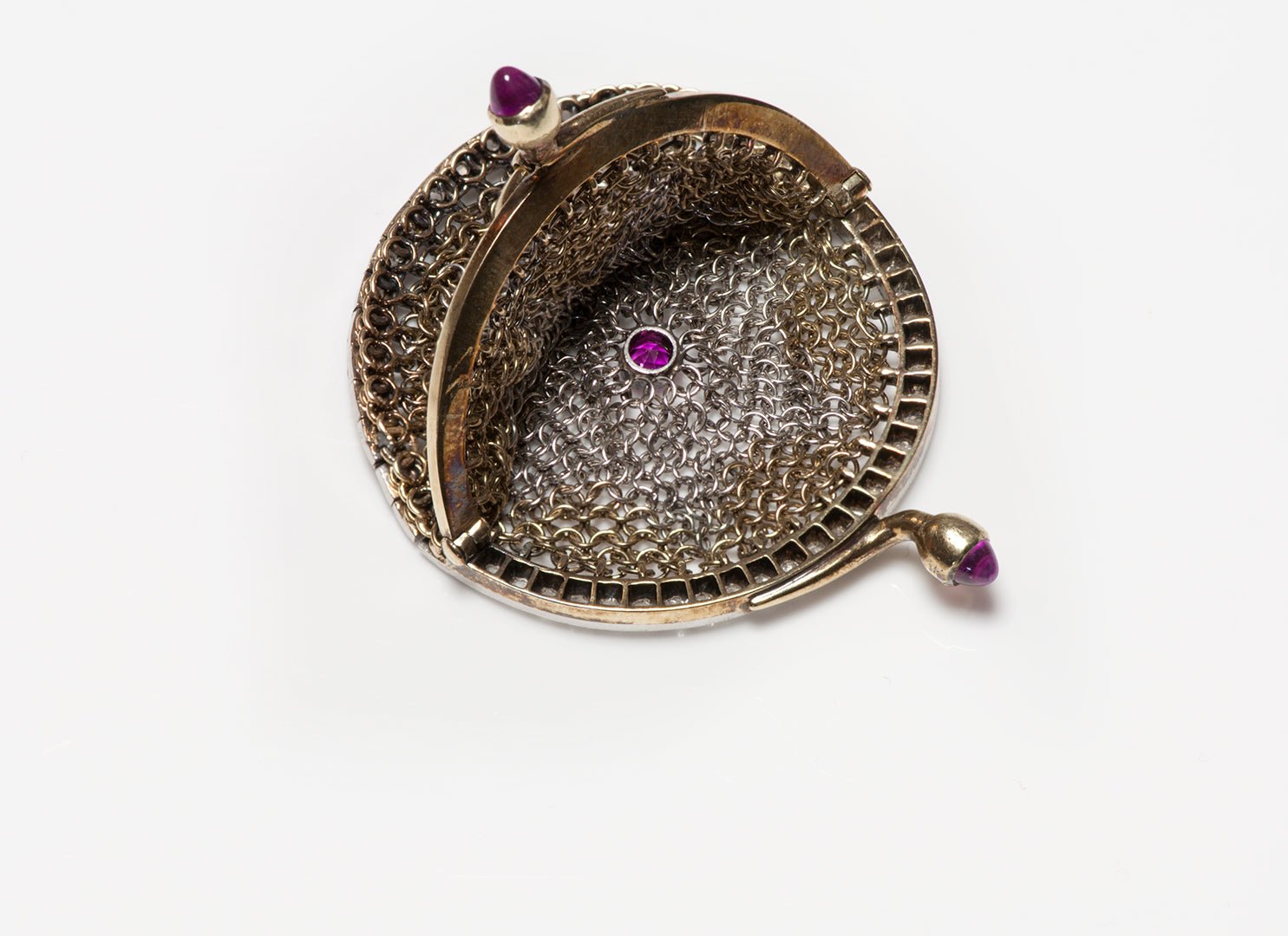 Antique Gold Platinum Rose Cut Diamond & Ruby Miniature Mesh Purse