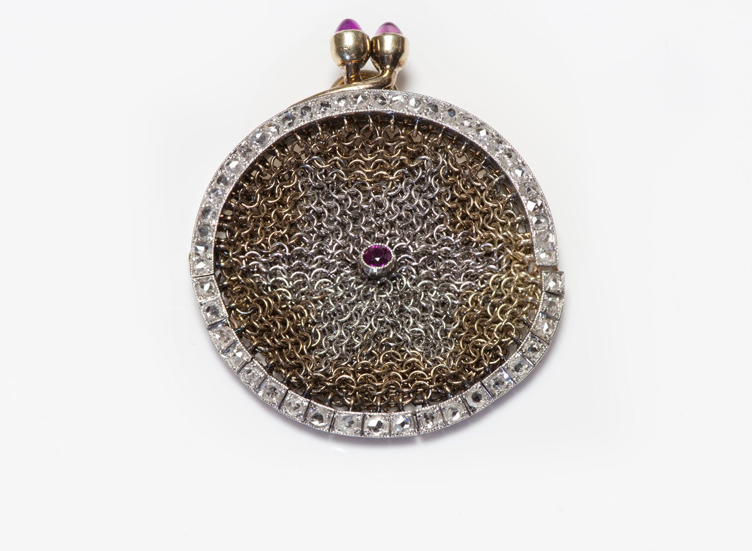 Antique Gold Platinum Rose Cut Diamond & Ruby Miniature Mesh Purse