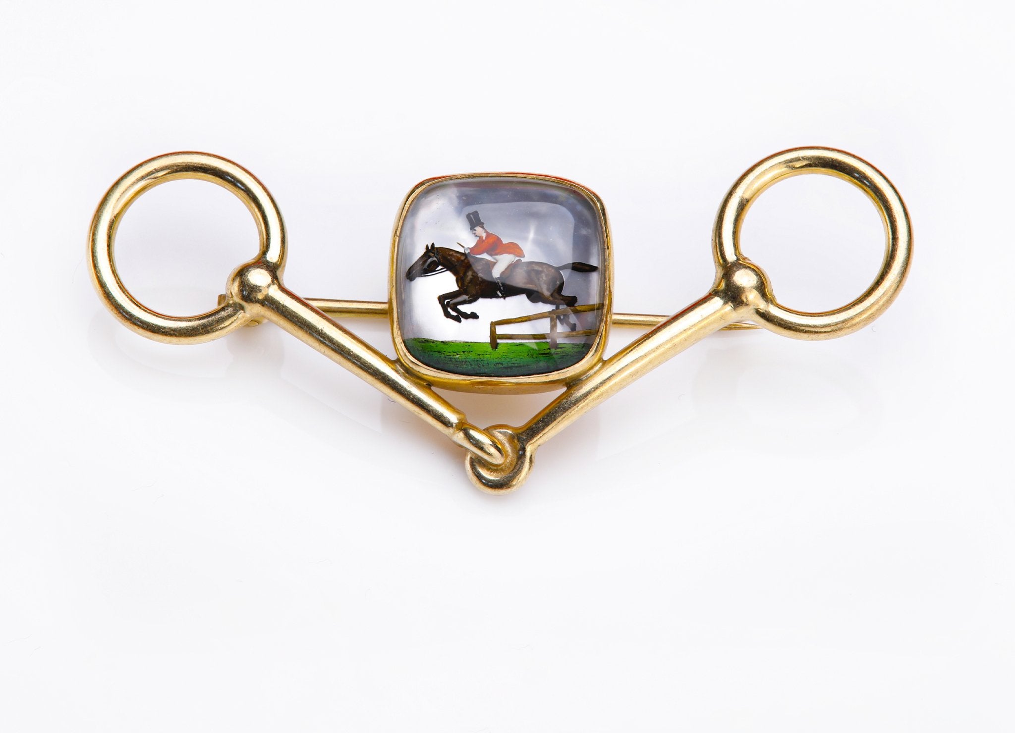 Antique Gold Reverse Crystal Horse Jockey Brooch