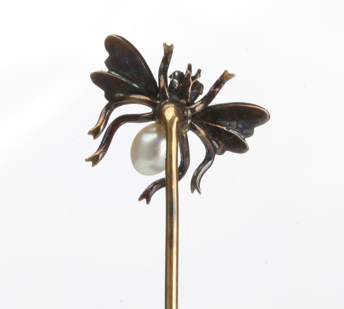 Antique Gold Rose Cut Diamond Ruby Pearl Fly Stick Pin