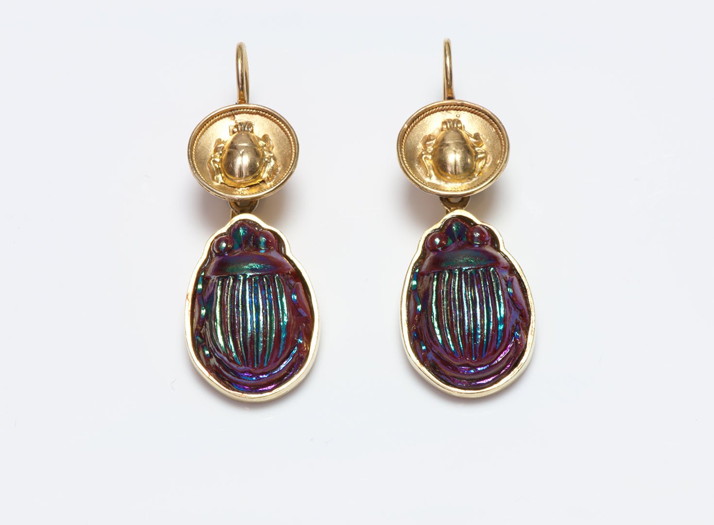 Antique Gold Scarab Earrings with Tiffany Glass Scarabs