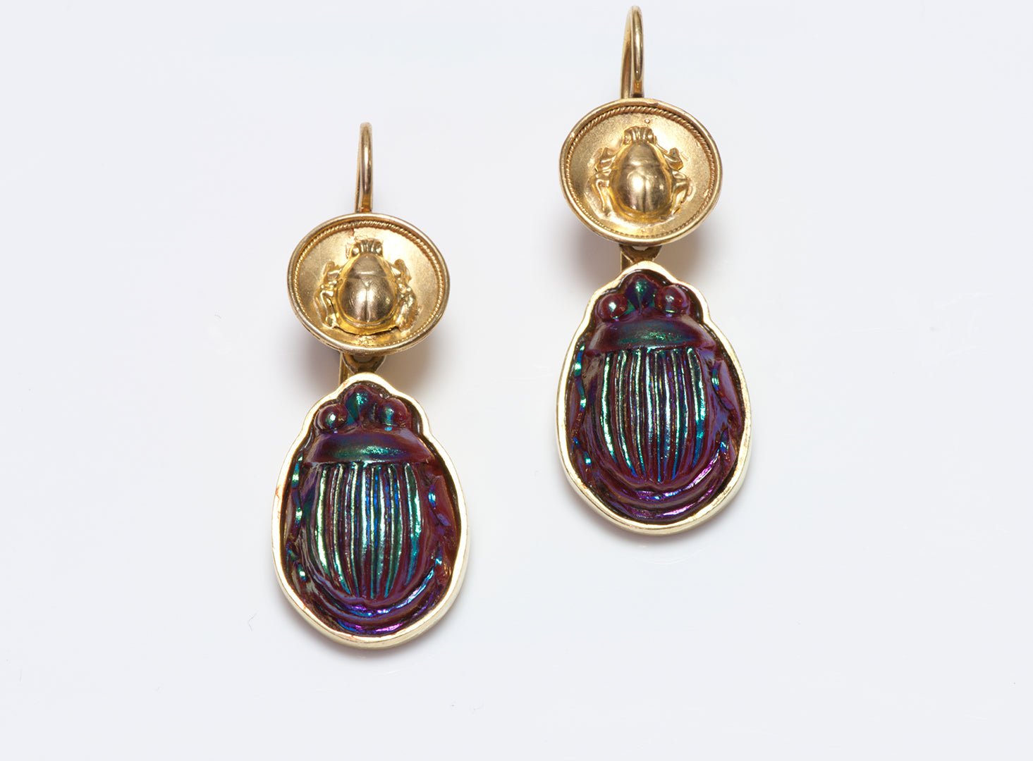 Antique Gold Scarab Earrings with Tiffany Glass Scarabs