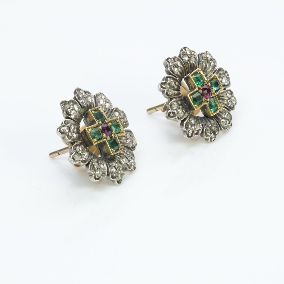 Antique Gold & Silver Emerald Diamond Ruby Earrings
