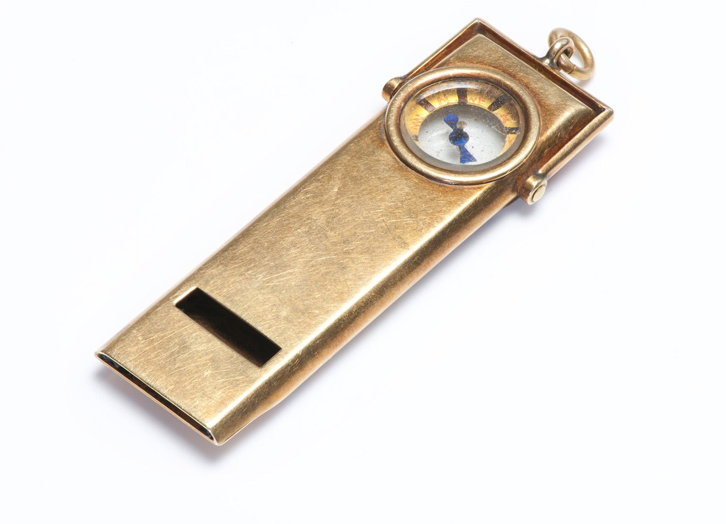 Antique Gold Whistle with Compass Pendant Fob