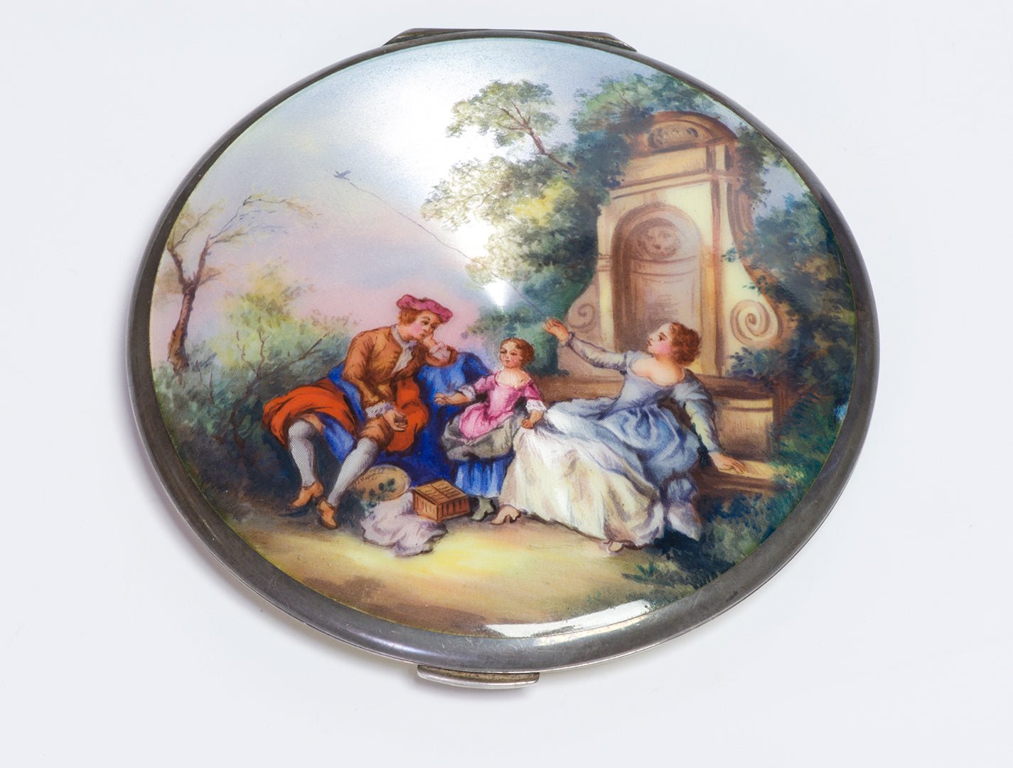 Antique Guilloche Iridescent Enamel Sterling Mirror Compact Kite Scene