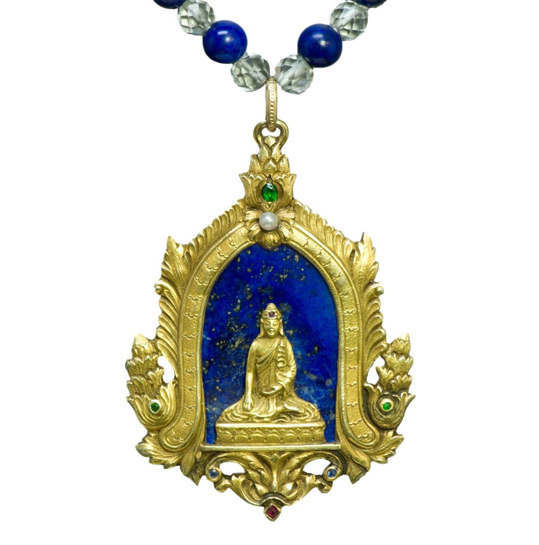 Antique Gustav Manz Buddha Lapis Gemstone 14K Carved Gold Pendant