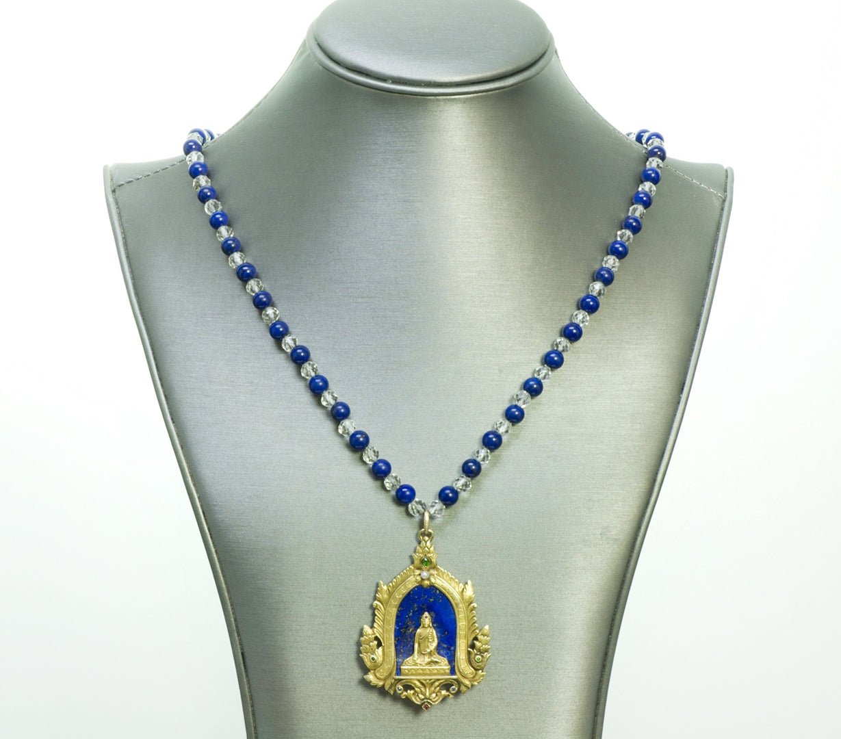 Antique Gustav Manz Buddha Lapis Gemstone 14K Carved Gold Pendant
