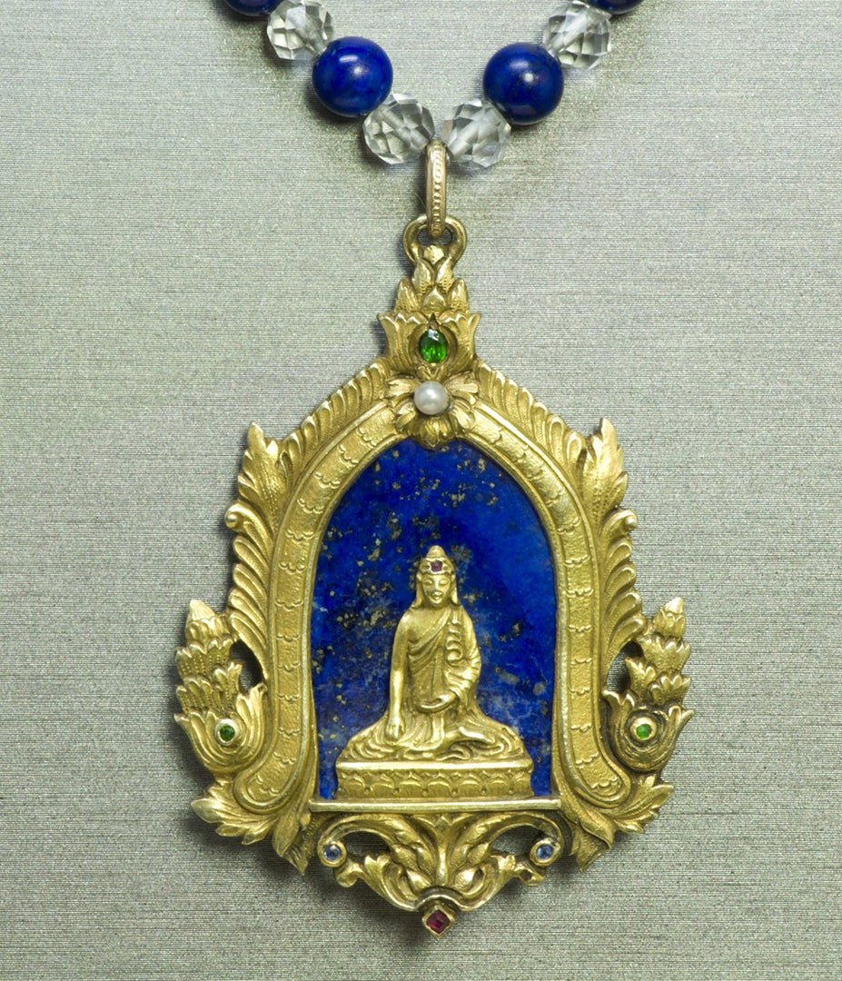 Antique Gustav Manz Buddha Lapis Gemstone 14K Carved Gold Pendant
