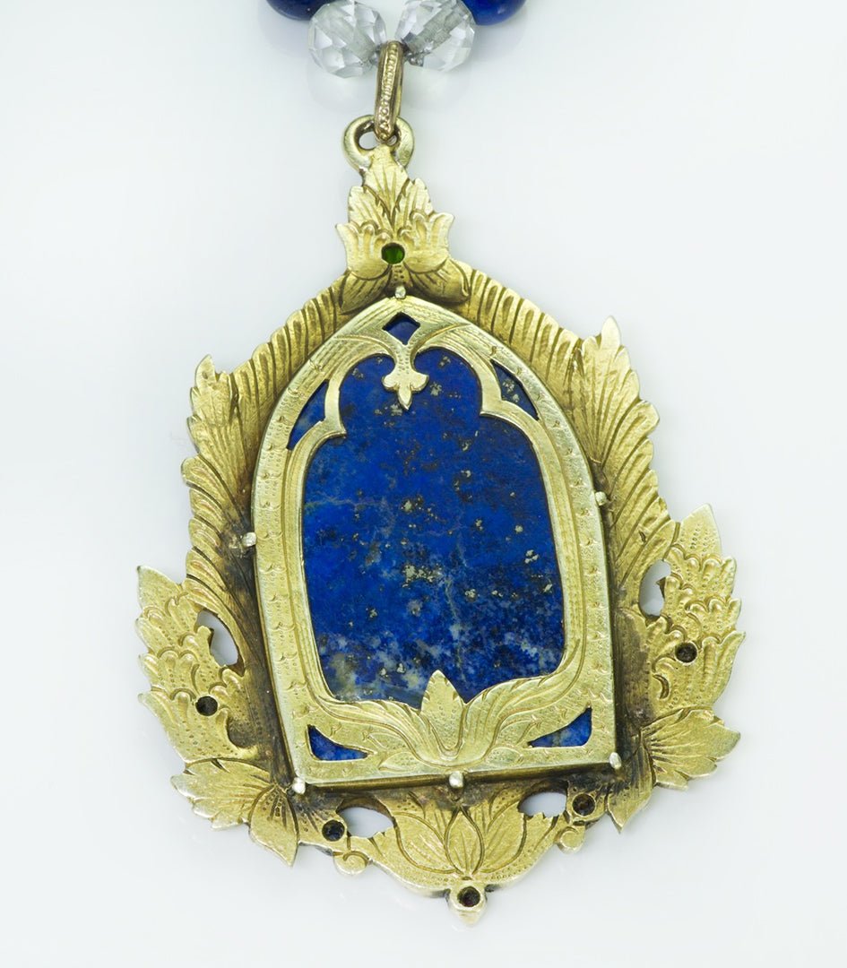 Antique Gustav Manz Buddha Lapis Gemstone 14K Carved Gold Pendant