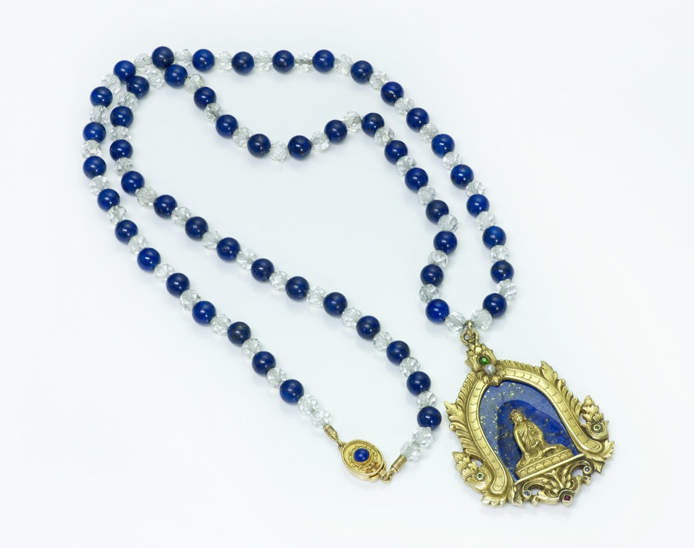 Antique Gustav Manz Buddha Lapis Gemstone 14K Carved Gold Pendant