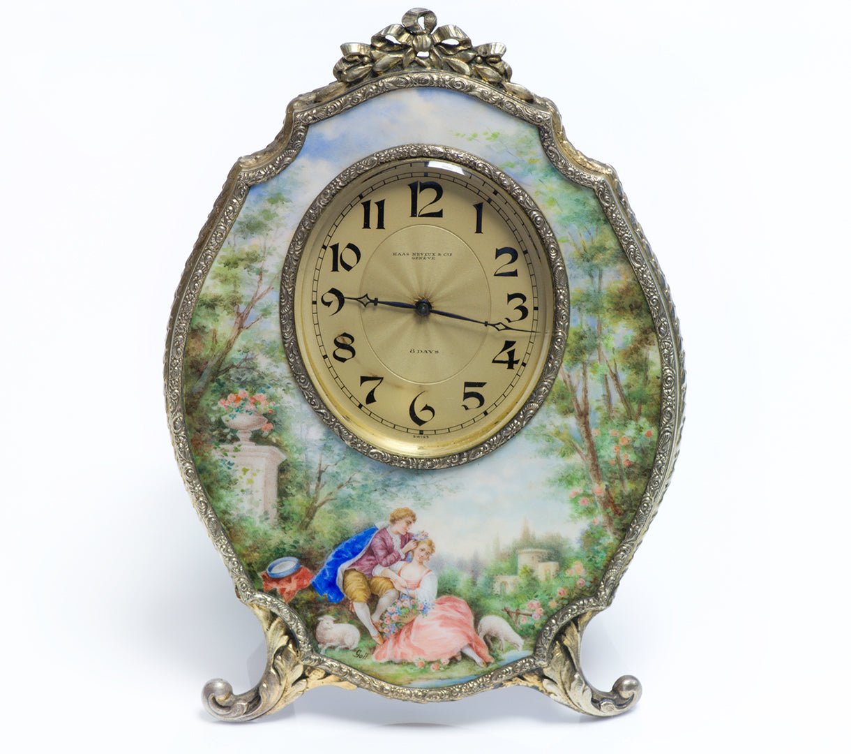 Antique Haas Neveux & Co. Geneve 8 Days Silver Enamel Clock