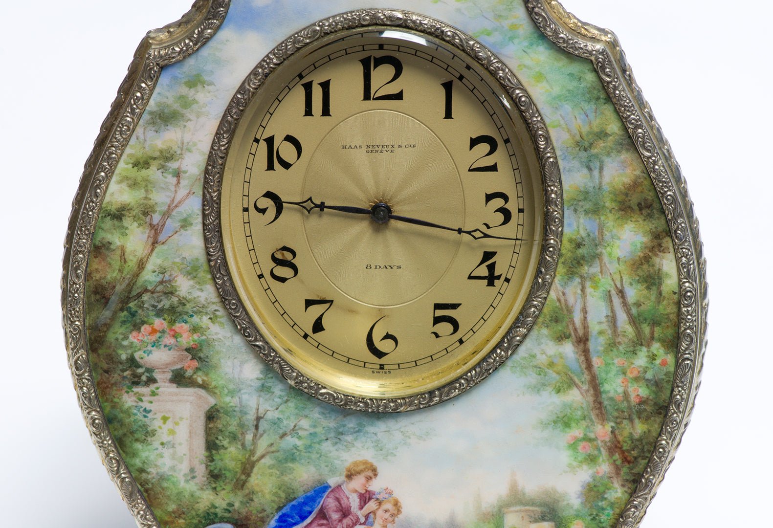 Antique Haas Neveux & Co. Geneve 8 Days Silver Enamel Clock
