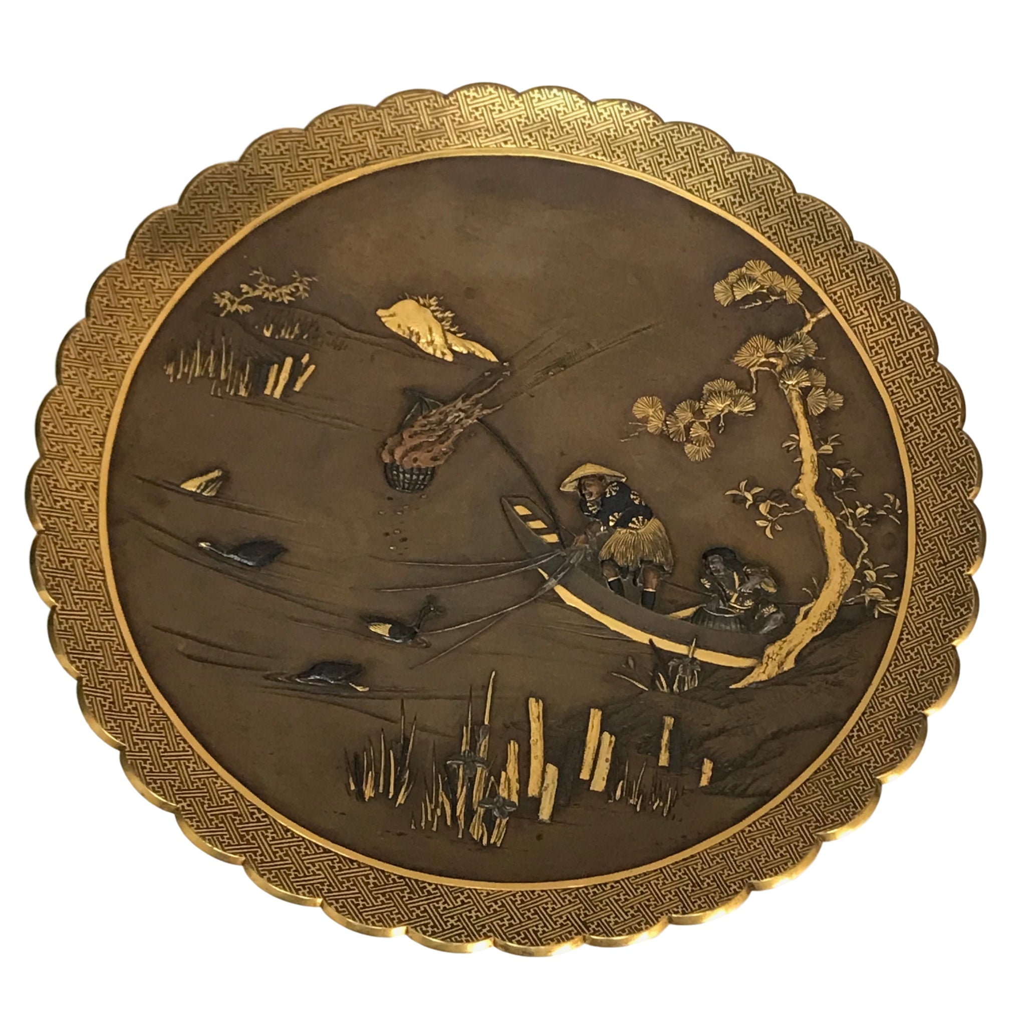 Antique Japanese Meiji Shakudo Mixed Metal Plaque Charger