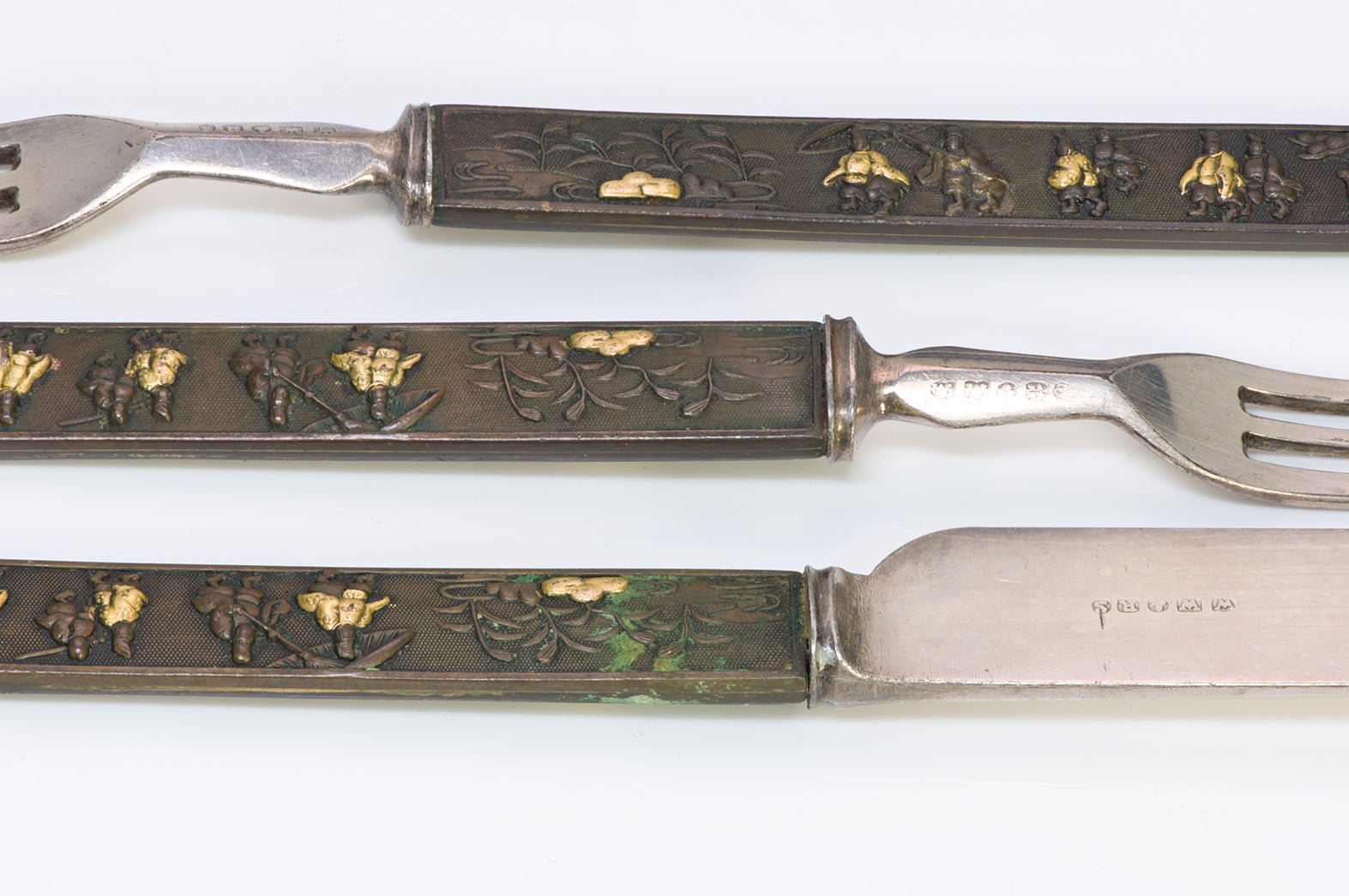 Antique Japanese Shakudo Kozuka Knife Fork Dessert Set