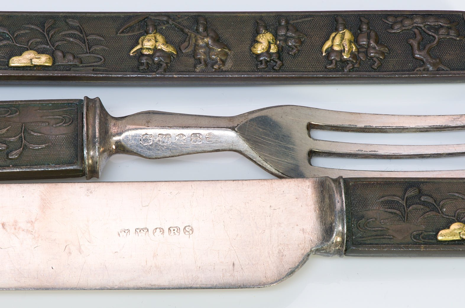 Antique Japanese Shakudo Kozuka Knife Fork Dessert Set