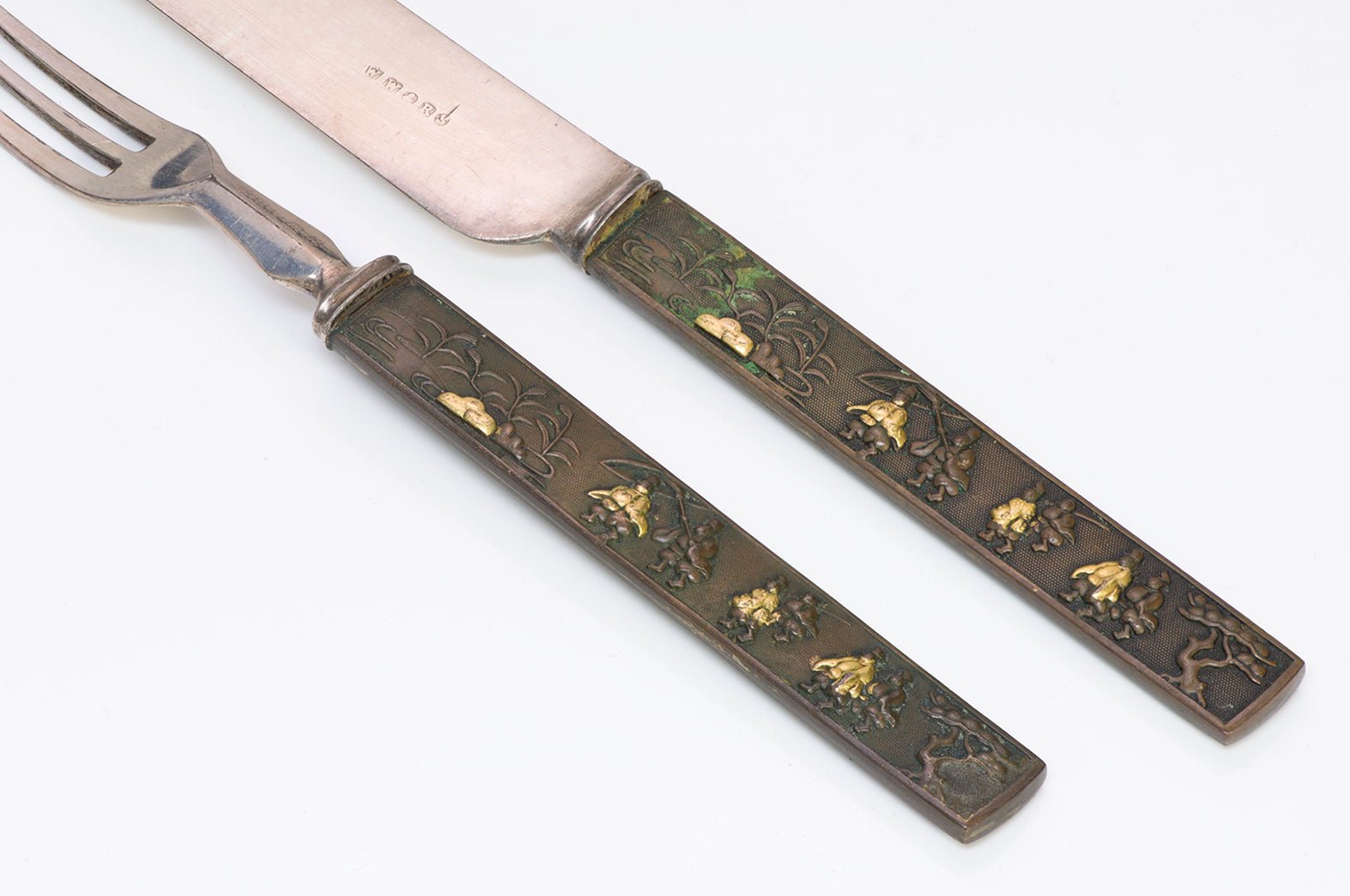 Antique Japanese Shakudo Kozuka Knife Fork Dessert Set