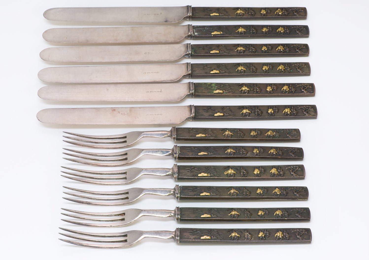 Antique Japanese Shakudo Kozuka Knife Fork Dessert Set