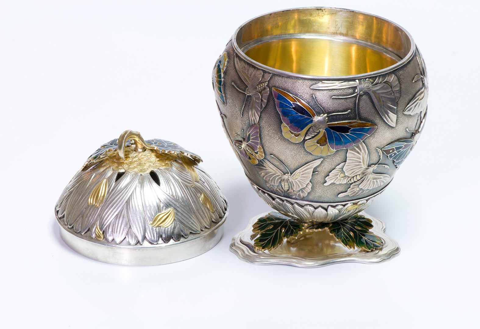 Antique Japanese Silver & Gold Enamel Koro Incense